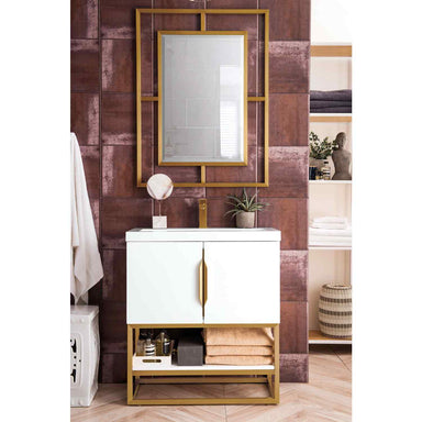 James Martin Vanities Columbia 31.5" Single Vanity Cabinet, Glossy White In Radiant Gold Lifestyle Front View