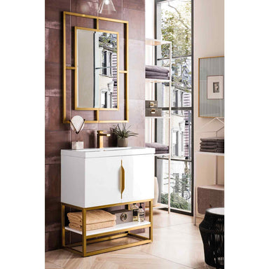 James Martin Vanities Columbia 31.5" Single Vanity Cabinet, Glossy White In Radiant Gold Lifestyle  Side View