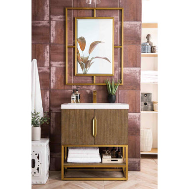 James Martin Vanities Columbia 31.5" Single Vanity Cabinet, Latte Oak In Radiant Gold Lifestyle Front View