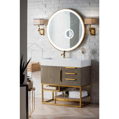James Martin Vanities Columbia 36" Single Vanity Cabinet, Ash Gray In Radiant Gold Lifestyle Side View