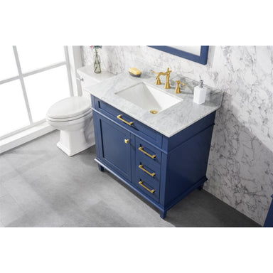 Legion Furniture 36" Blue Finish Sink Vanity Cabinet With Carrara White Stone Top close view