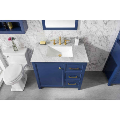 Legion Furniture 36" Blue Finish Sink Vanity Cabinet With Carrara White Top upper view