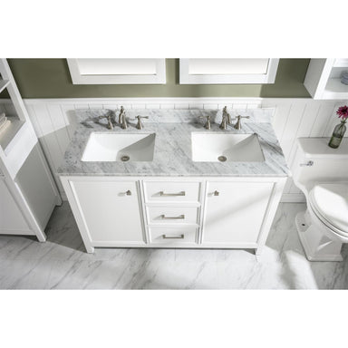 Legion Furniture 54" White Finish Double Sink Vanity Cabinet With Carrara stone Top upper view