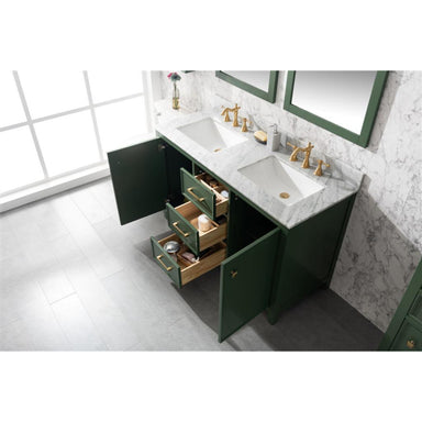 Legion Furniture 54" Vogue Green Finish Double Sink Vanity Cabinet With Carrara stone Top open view