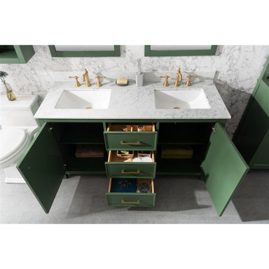 Legion Furniture 60" Vogue Green Finish Double Sink Vanity Cabinet With Carrara Marble Stone Top open view