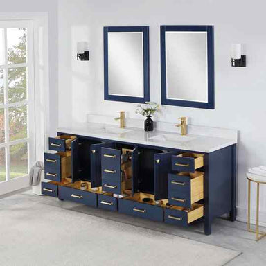 Vinnova Shannon 84" Double Vanity in Royal Blue and Composite Carrara White Stone Countertop side view